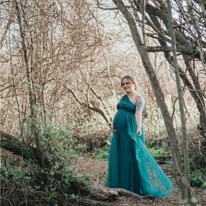 Teal One-Shoulder Maternity Gown with Draped Tulle